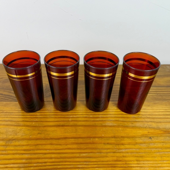 Vintage Ruby Red Glass Tumblers with Gold Design – Set of 4 - Picture 10 of 16